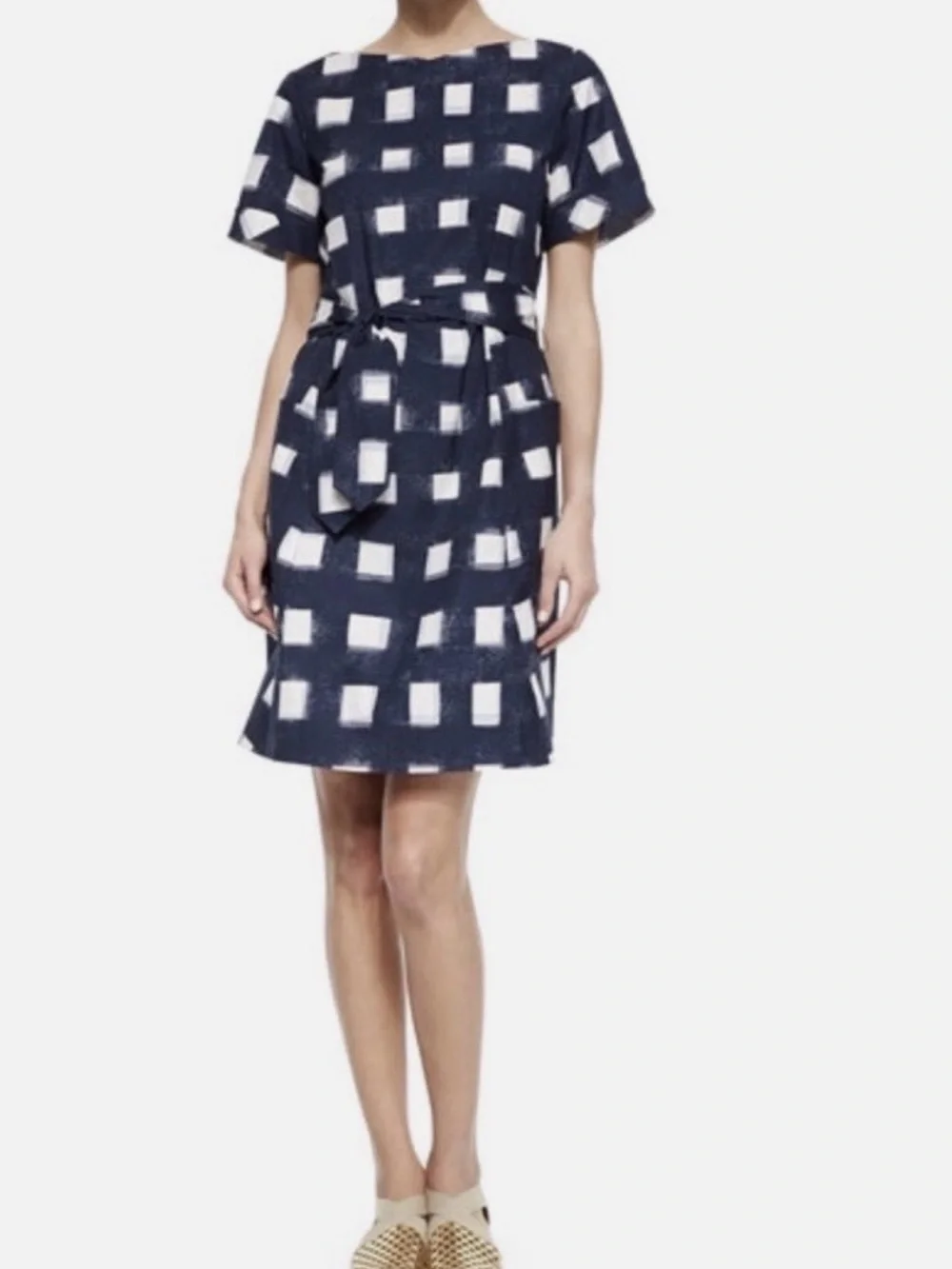 Tory Burch Navy and White Square-Print Short Sleeve Belted Dress Size 12